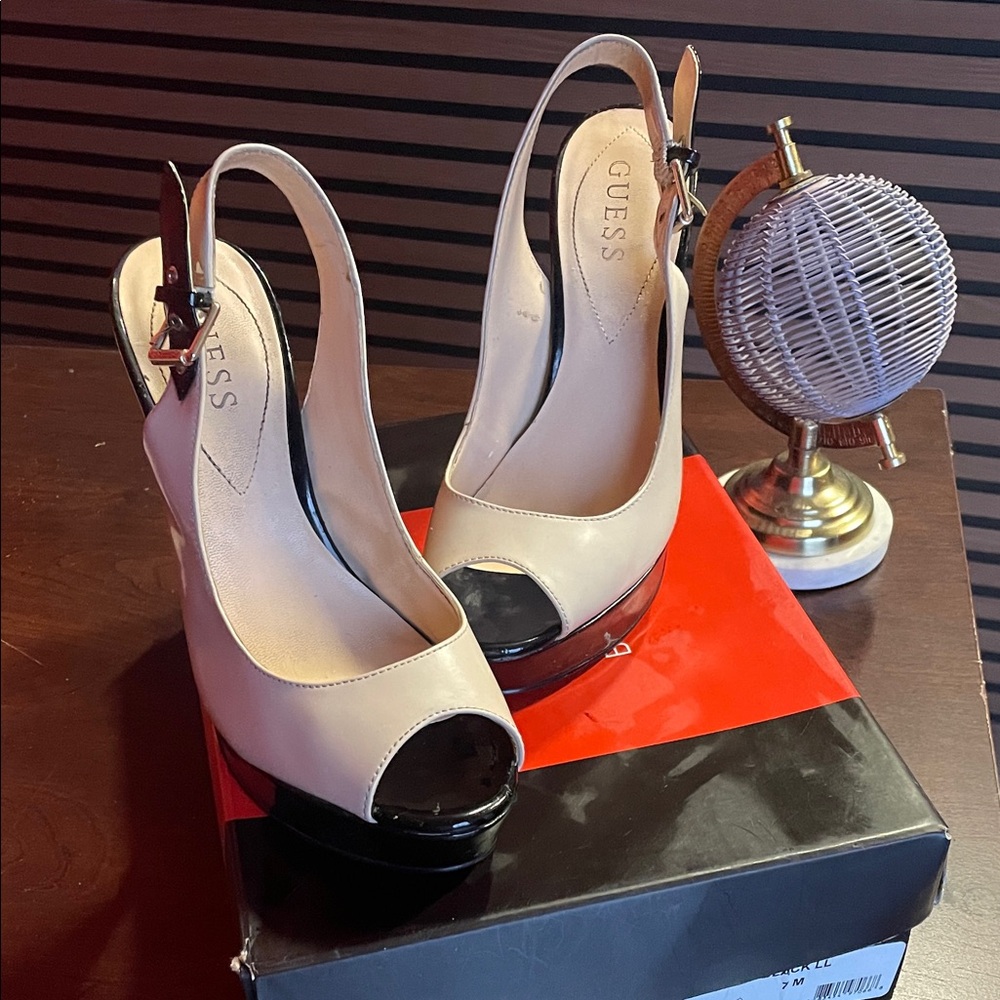 Guess Women's Beige Peep-Toe Slingback Heels
